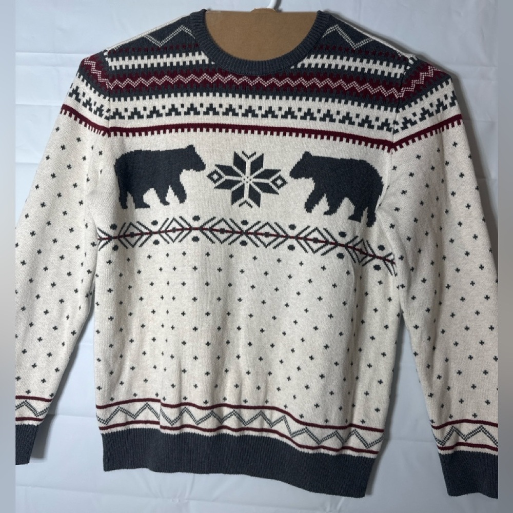 Lands' End Cream and Black Crewneck Sweater with Bear Motif